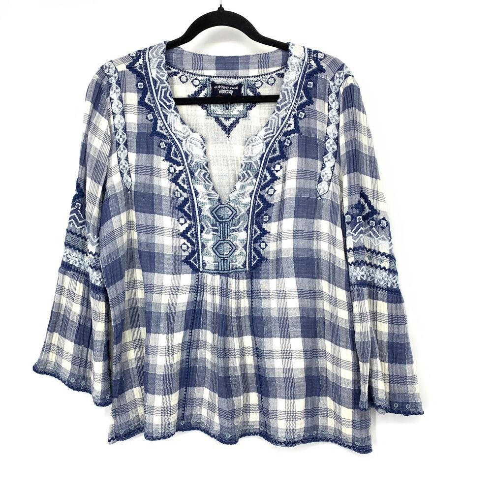 Johnny Was Workshop Womens Large Embroidered Plaid Blouse Blue Ivory Boho Tunic